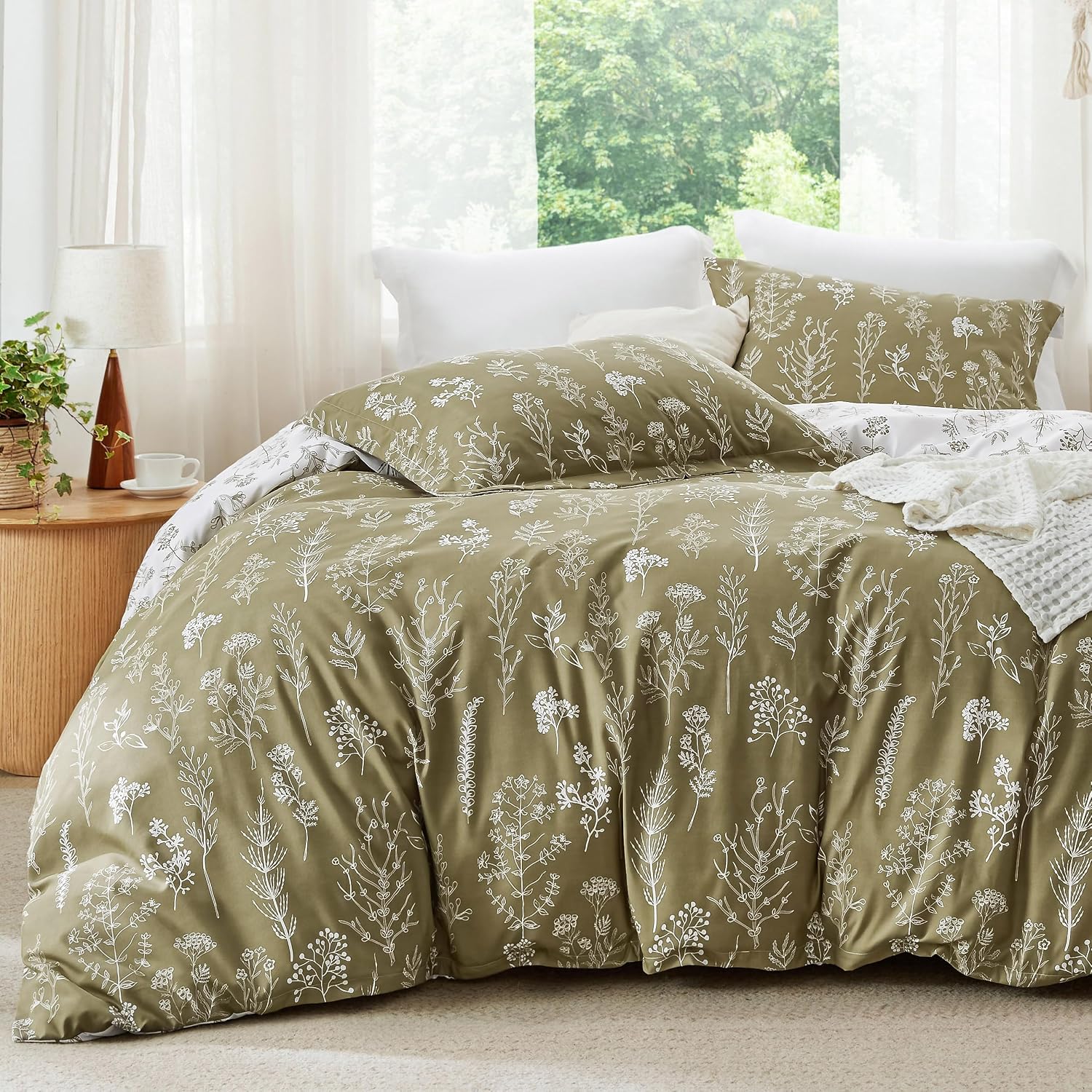 3Pcs Reversible Botanical Floral Comforter Set, Lightweight Soft Summer Bedding Set with 2 Pillow Shams, Bedroom Bedding Gift
