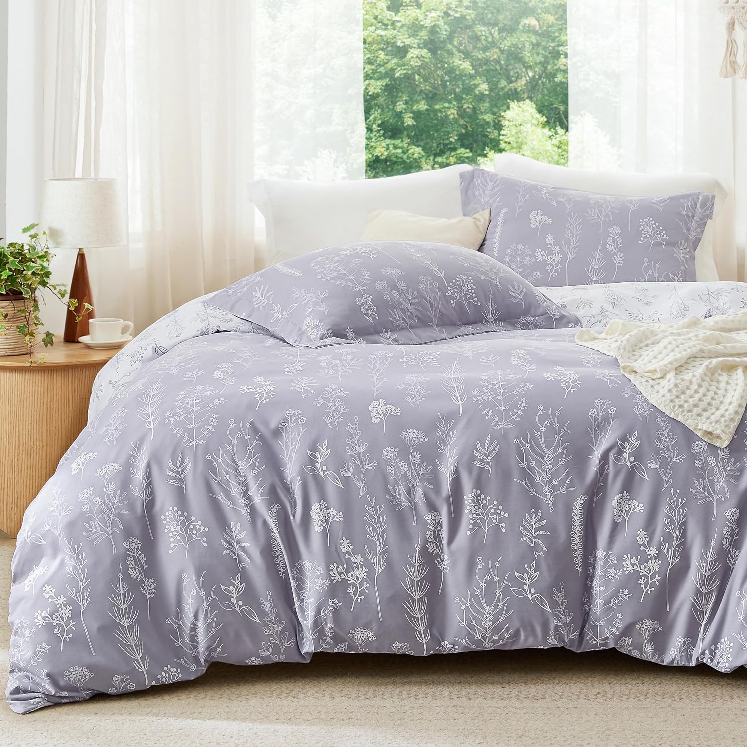 3Pcs Reversible Botanical Floral Comforter Set, Lightweight Soft Summer Bedding Set with 2 Pillow Shams, Bedroom Bedding Gift