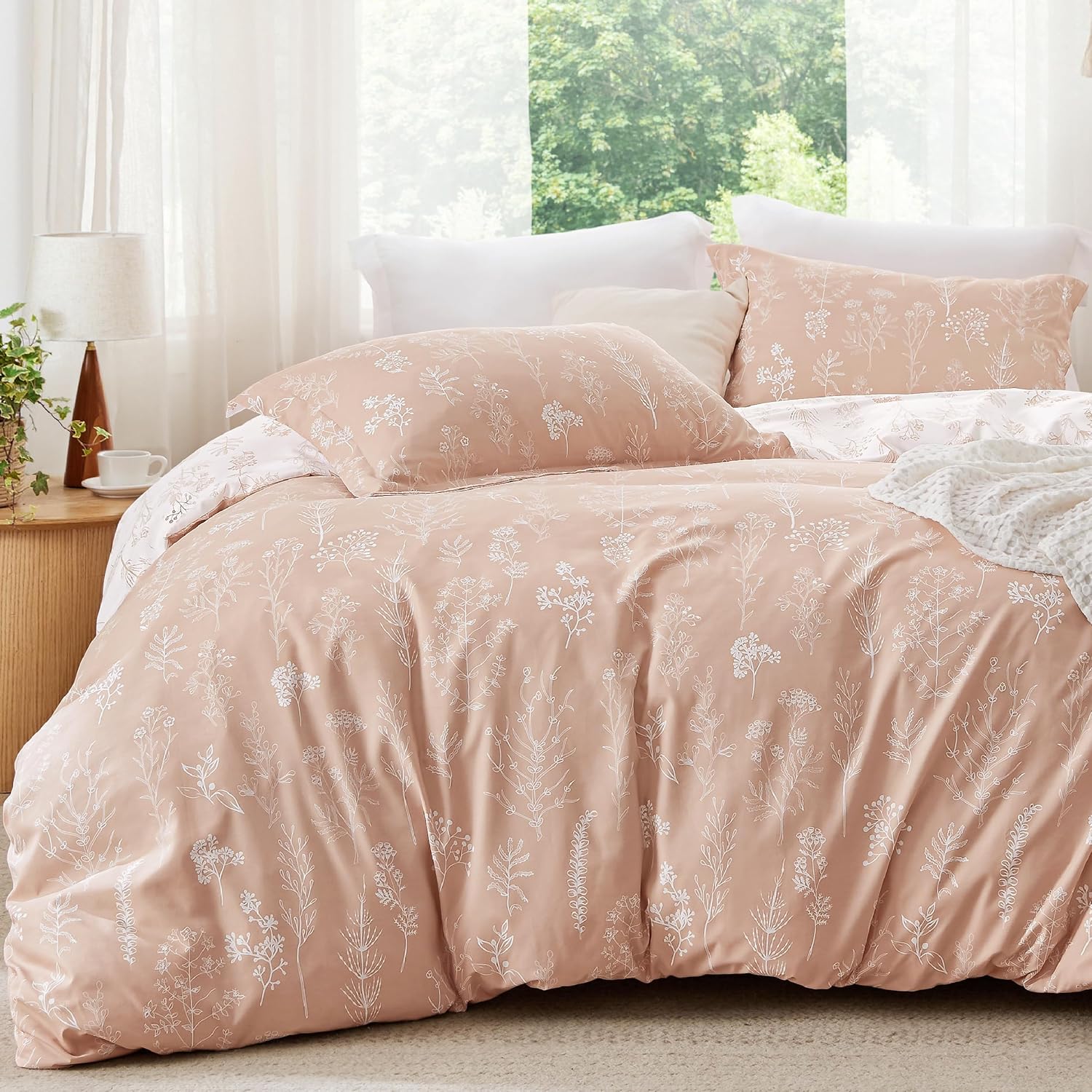 3Pcs Reversible Botanical Floral Comforter Set, Lightweight Soft Summer Bedding Set with 2 Pillow Shams, Bedroom Bedding Gift