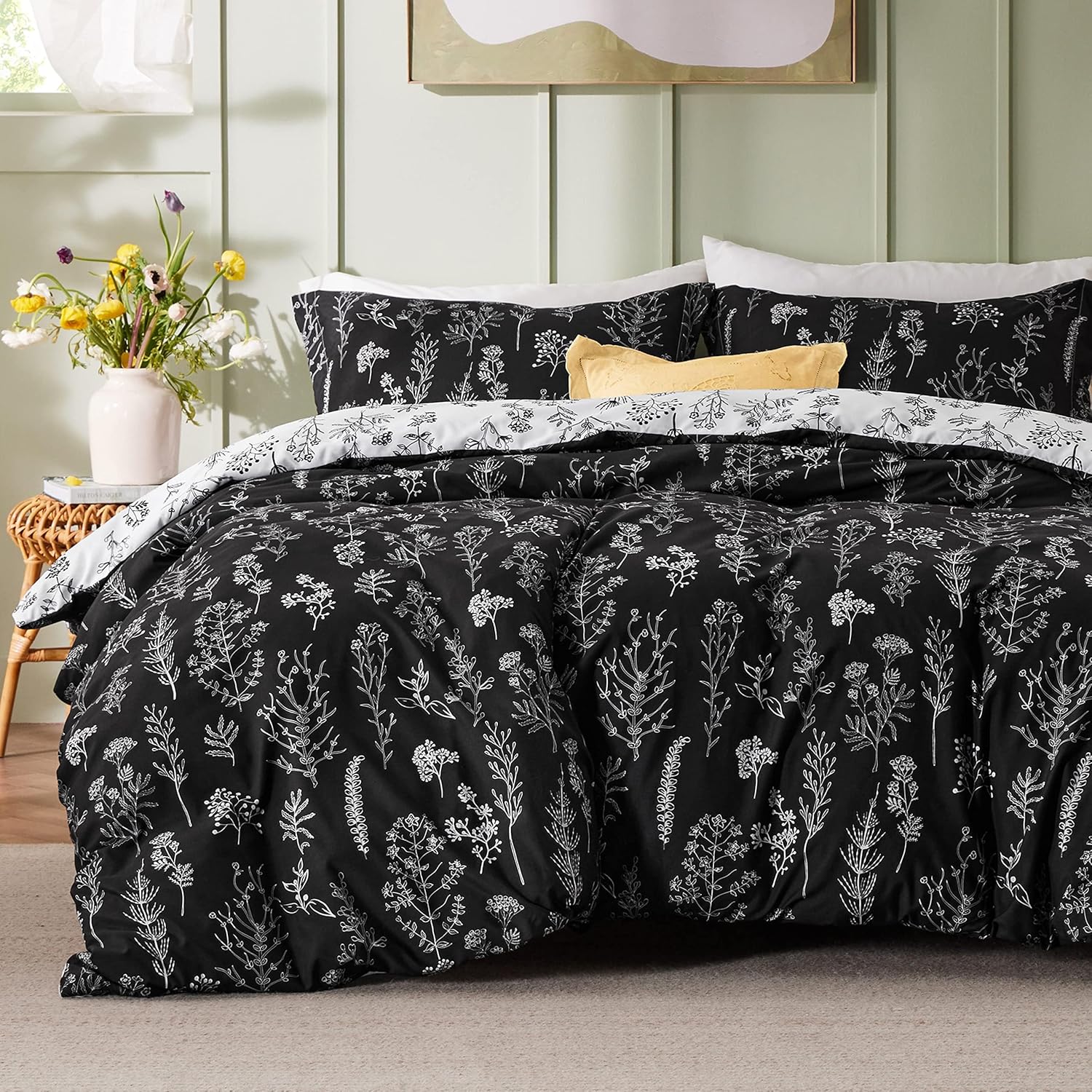 3Pcs Reversible Botanical Floral Comforter Set, Lightweight Soft Summer Bedding Set with 2 Pillow Shams, Bedroom Bedding Gift