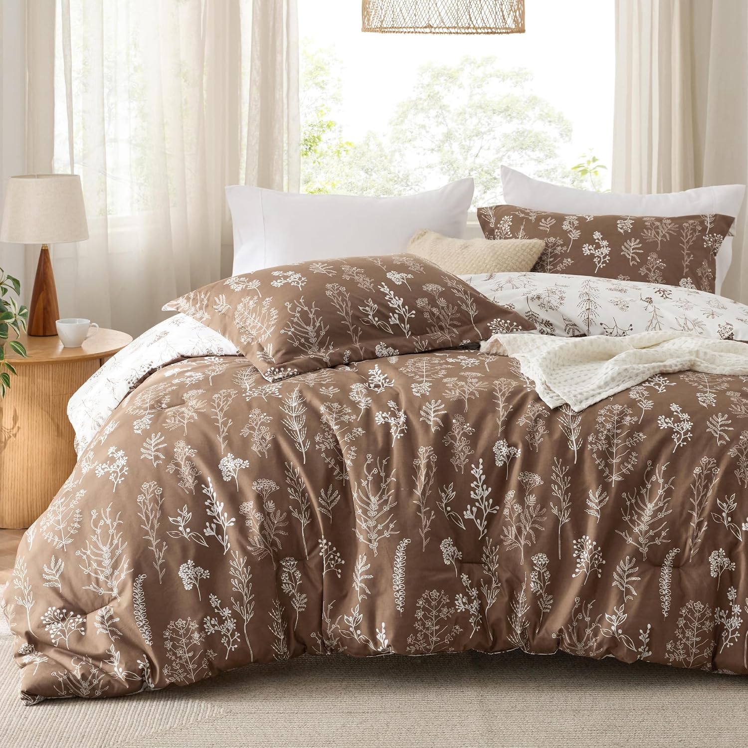 3Pcs Reversible Botanical Floral Comforter Set, Lightweight Soft Summer Bedding Set with 2 Pillow Shams, Bedroom Bedding Gift