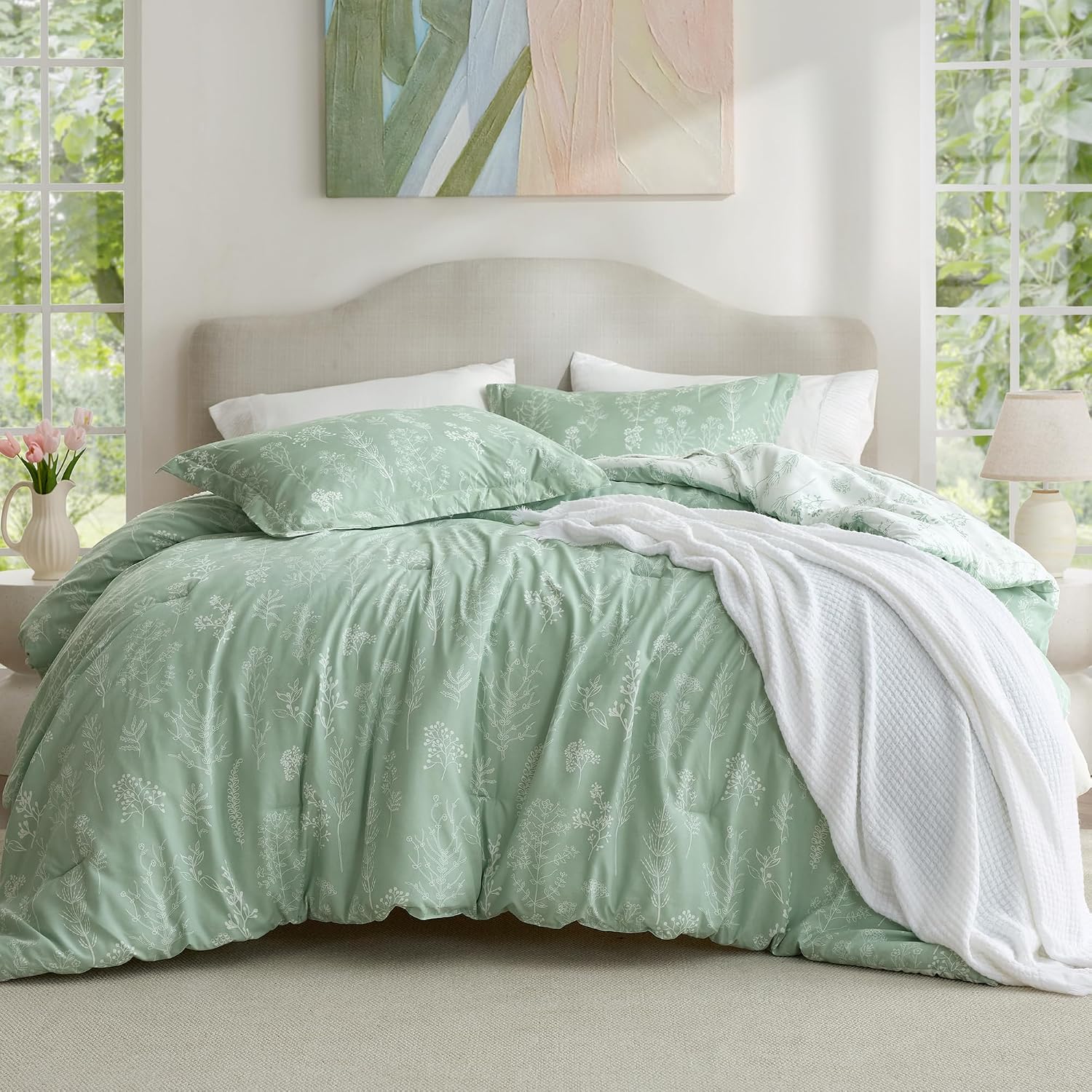 3Pcs Reversible Botanical Floral Comforter Set, Lightweight Soft Summer Bedding Set with 2 Pillow Shams, Bedroom Bedding Gift