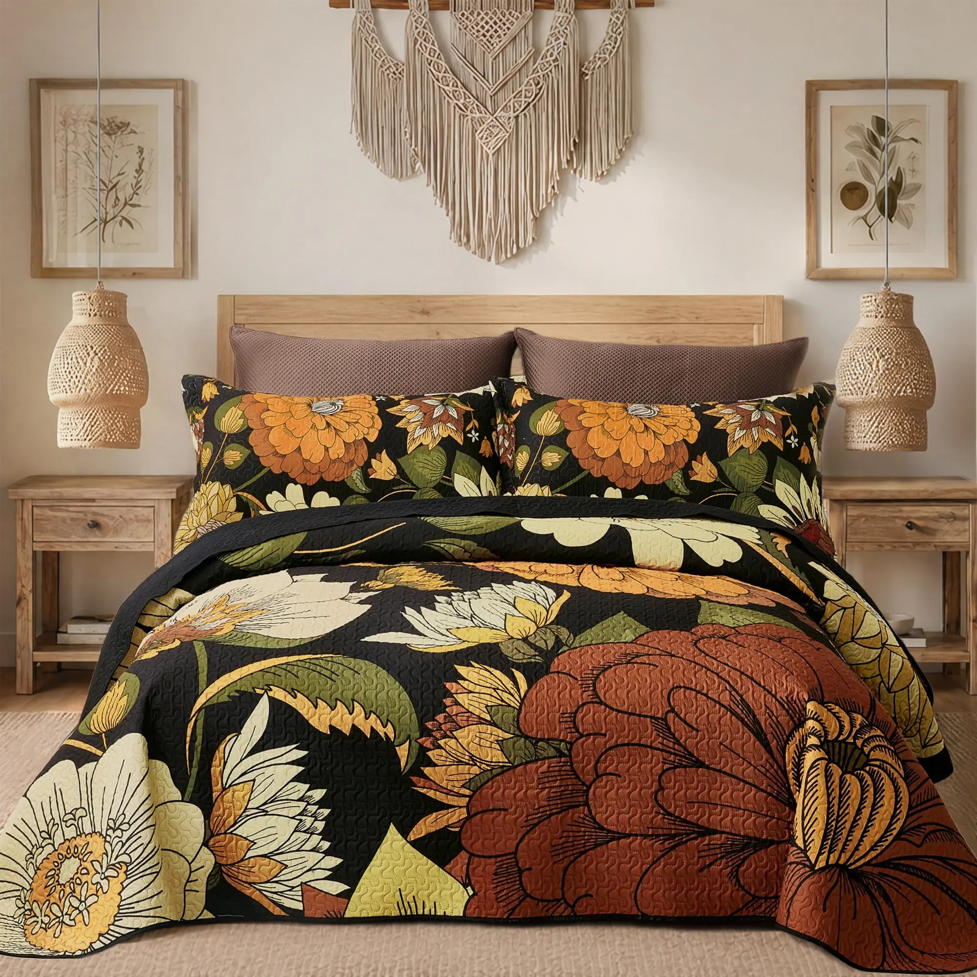 Boho Floral Quilt Set 3-Piece — Reversible Lightweight Bedspread with 2 Shams