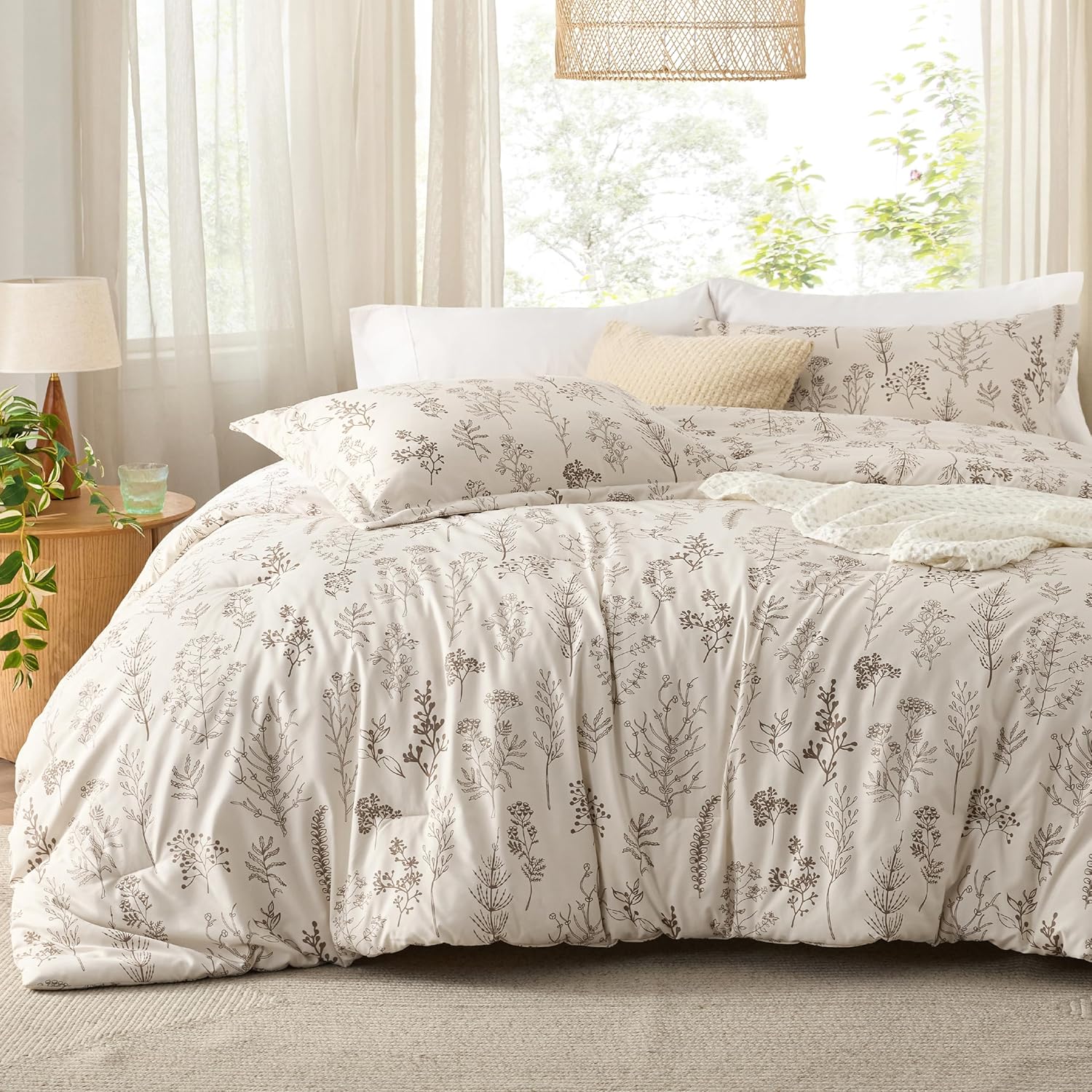 3Pcs Reversible Botanical Floral Comforter Set, Lightweight Soft Summer Bedding Set with 2 Pillow Shams, Bedroom Bedding Gift