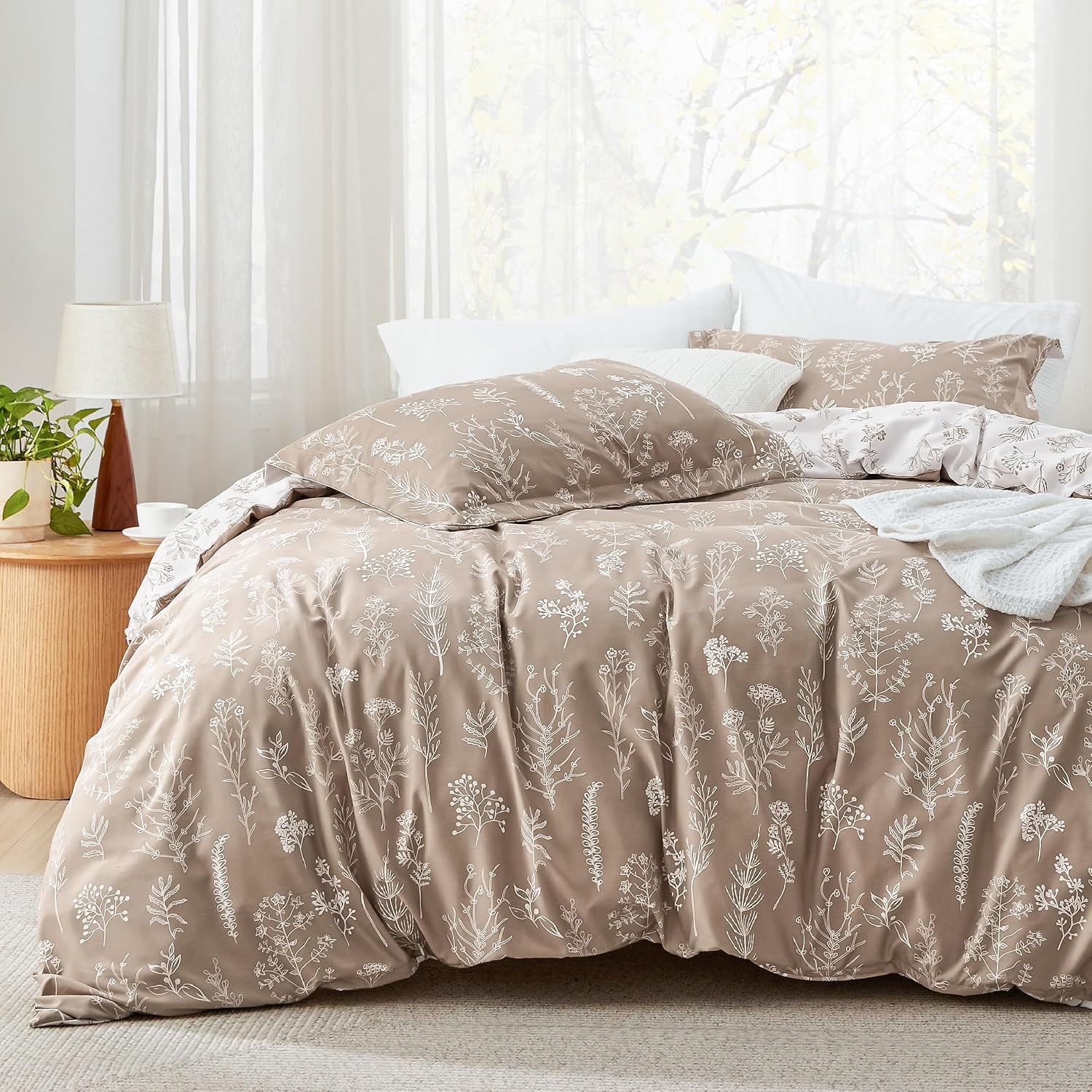 3Pcs Reversible Botanical Floral Comforter Set, Lightweight Soft Summer Bedding Set with 2 Pillow Shams, Bedroom Bedding Gift