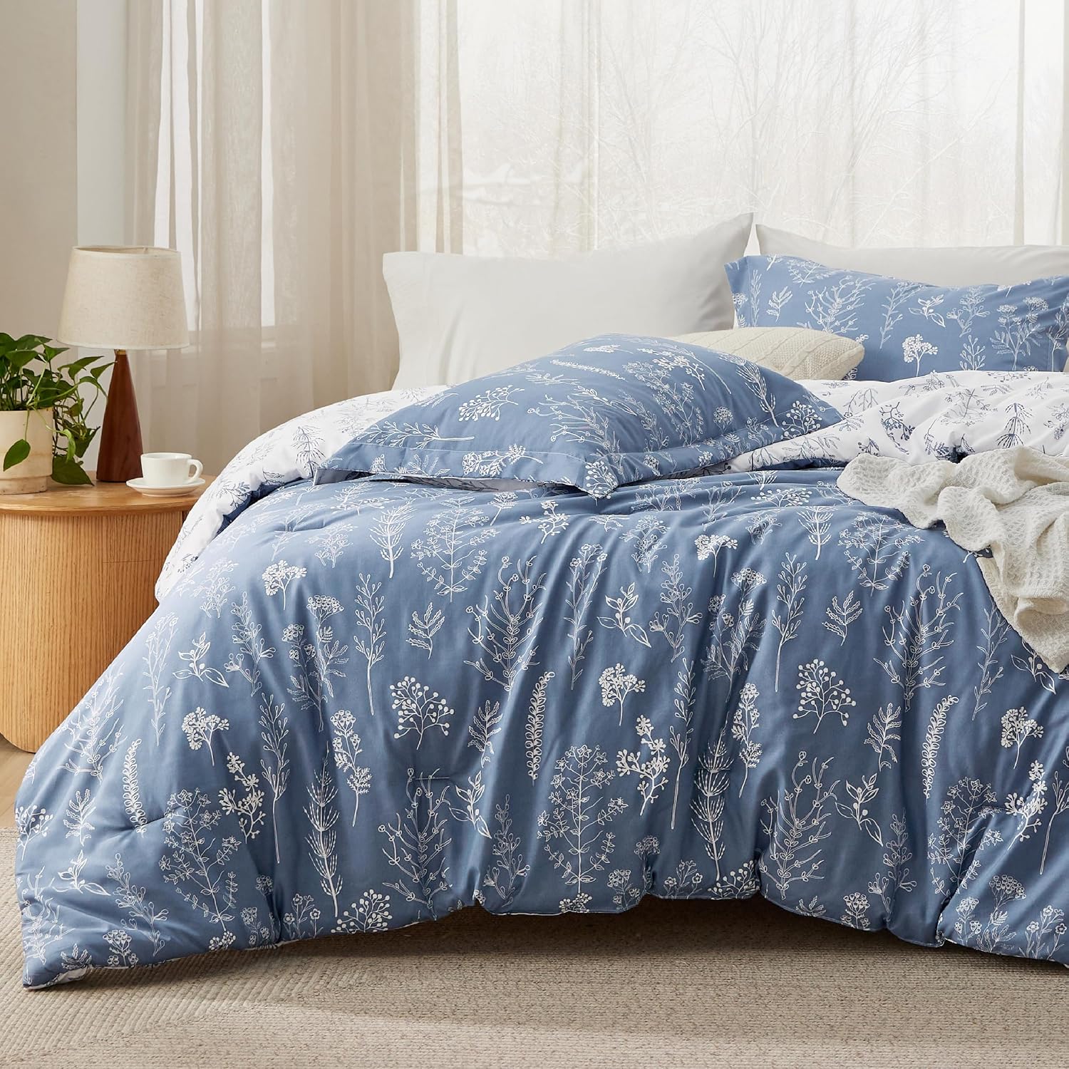 3Pcs Reversible Botanical Floral Comforter Set, Lightweight Soft Summer Bedding Set with 2 Pillow Shams, Bedroom Bedding Gift