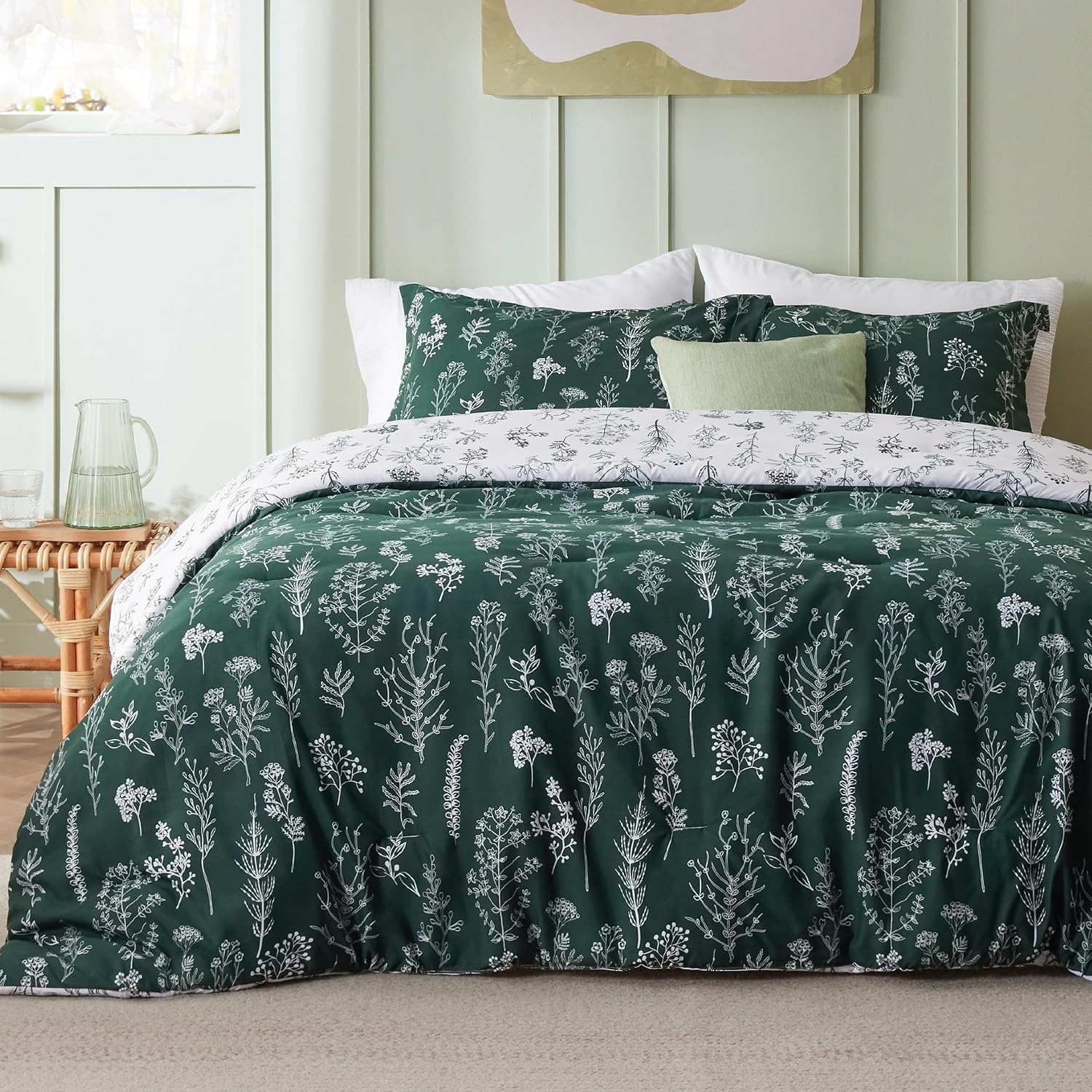 3Pcs Reversible Botanical Floral Comforter Set, Lightweight Soft Summer Bedding Set with 2 Pillow Shams, Bedroom Bedding Gift