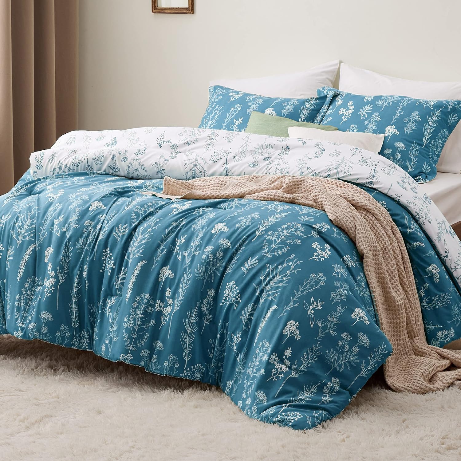 3Pcs Reversible Botanical Floral Comforter Set, Lightweight Soft Summer Bedding Set with 2 Pillow Shams, Bedroom Bedding Gift