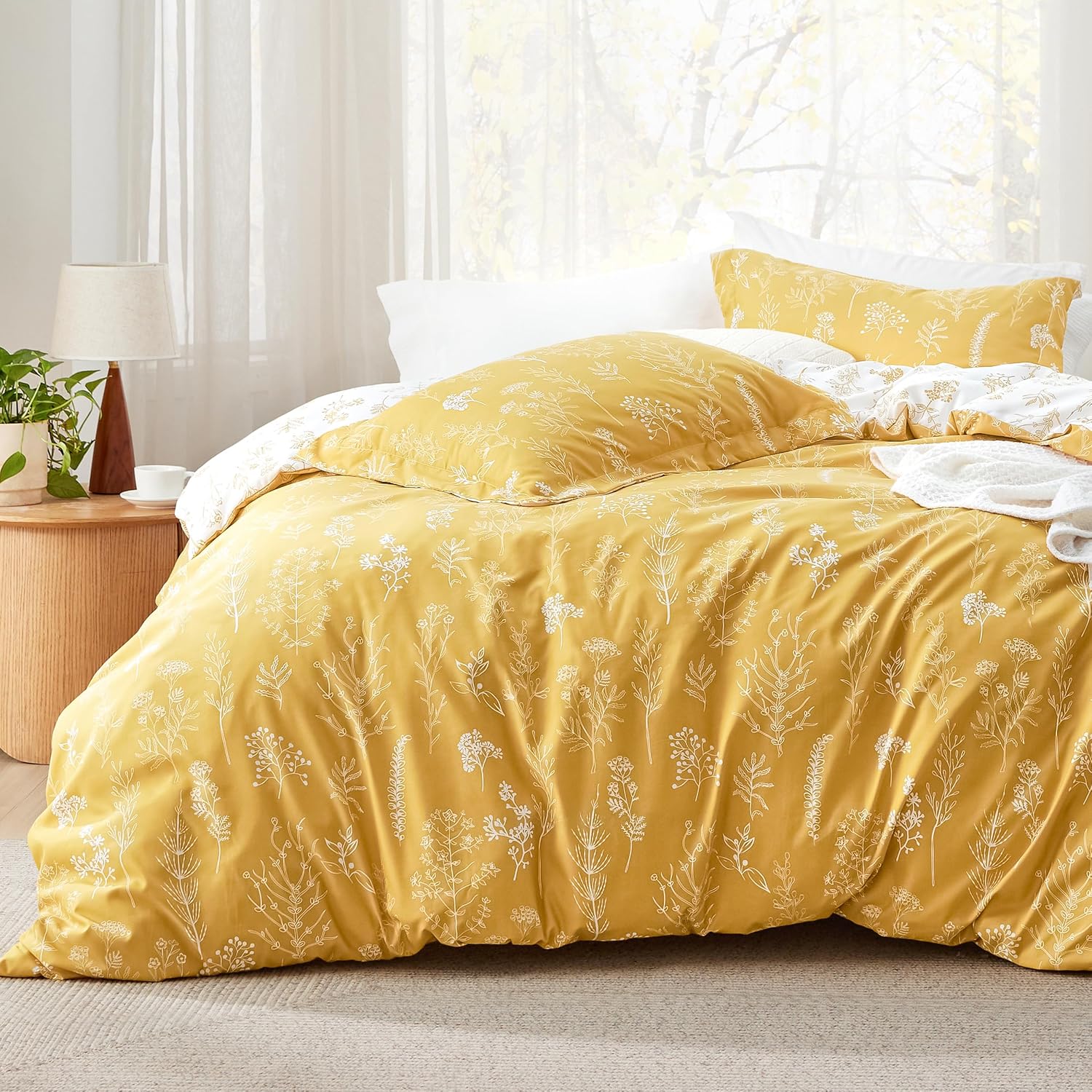 3Pcs Reversible Botanical Floral Comforter Set, Lightweight Soft Summer Bedding Set with 2 Pillow Shams, Bedroom Bedding Gift