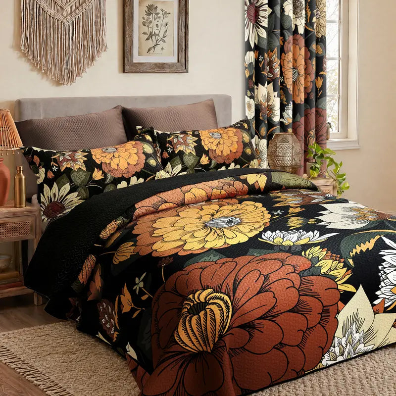 Boho Floral Quilt Set 3-Piece — Reversible Lightweight Bedspread with 2 Shams